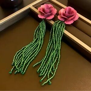 Elegant Pink Rose and Green Bead Earrings AKA Colors